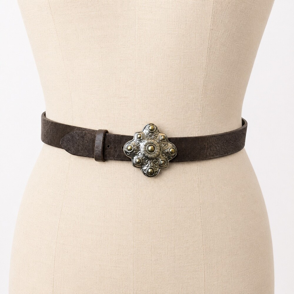 Olga Santini Belt Ornate Western Buckle Genuine Italian Leather Brown Large